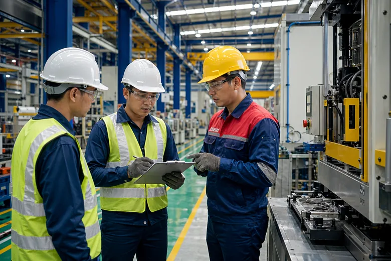 Inspeksi keselamatan kerja di area produksi