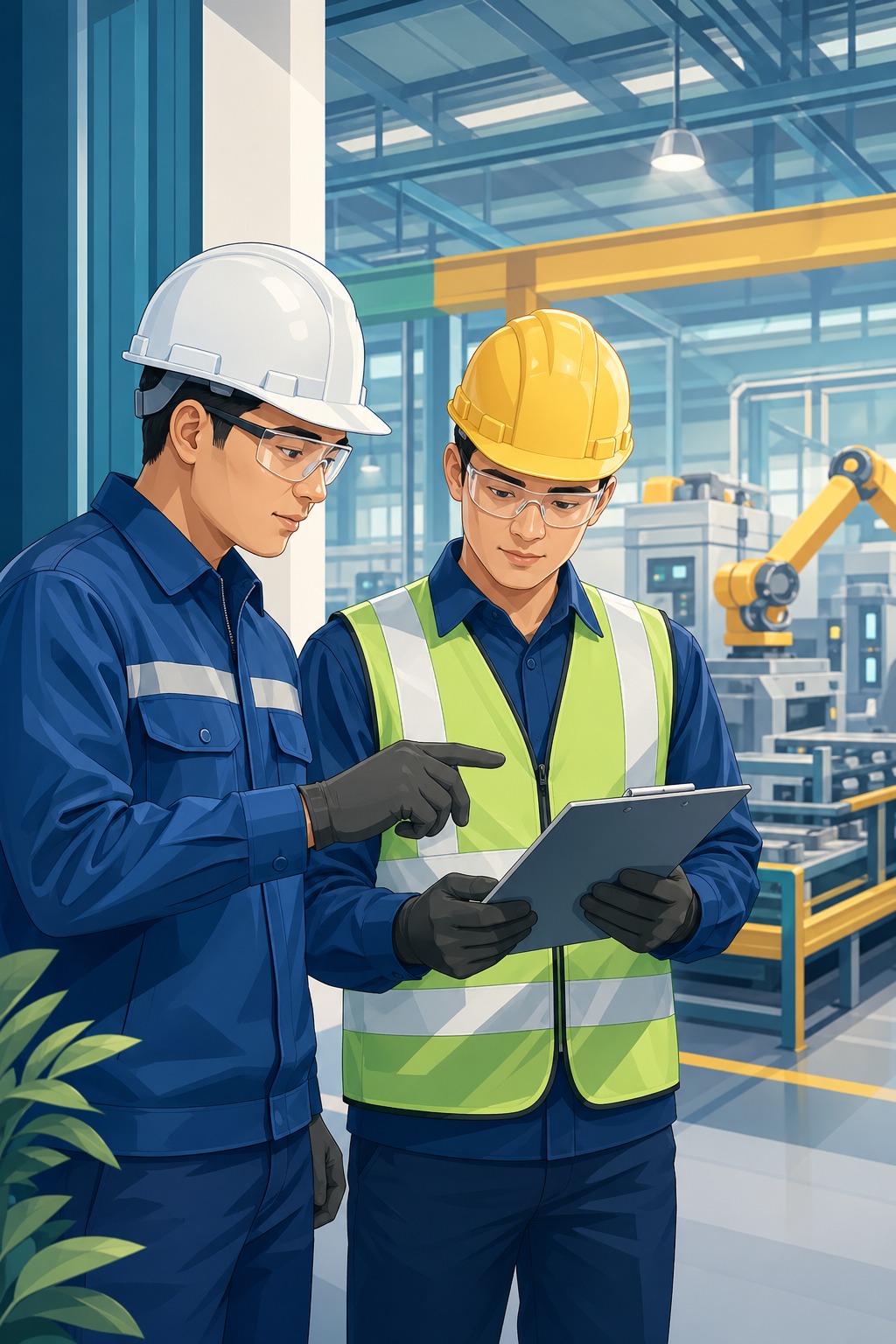 Ilustrasi petugas keselamatan kerja meninjau proses industri