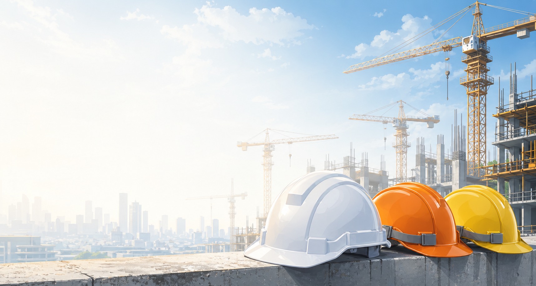 Ilustrasi peralatan keselamatan kerja dan crane konstruksi